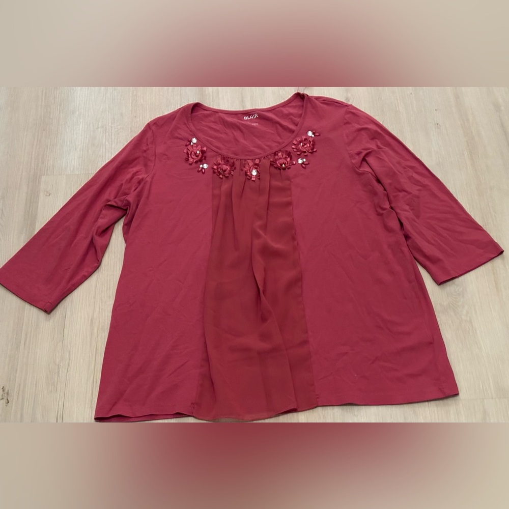 Blair Women's Pink Blouse, XLG, 3/4 Sleeveless, Floral Embroidered Neckline
